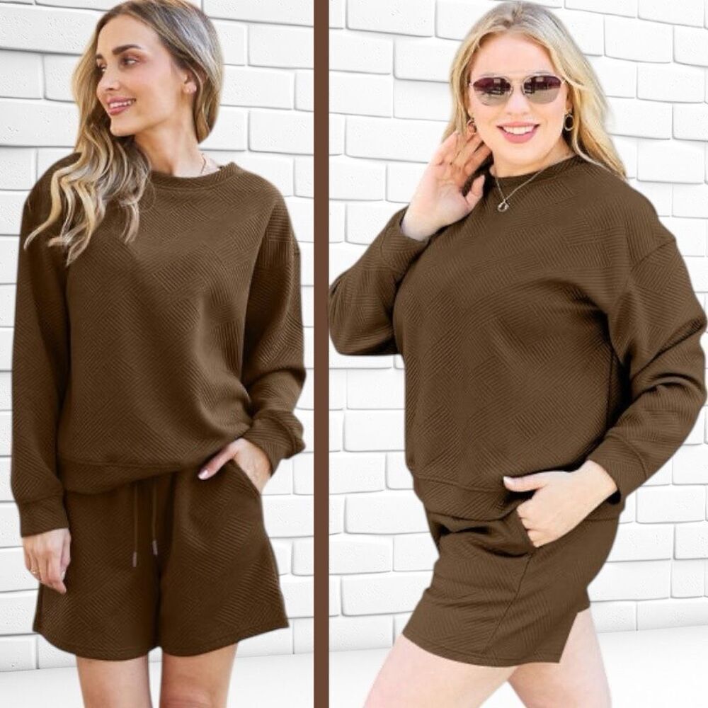 Boutique Brown Texture Long Sleeve Top and Shorts Lounge Set NWT - Picture 8 of 15